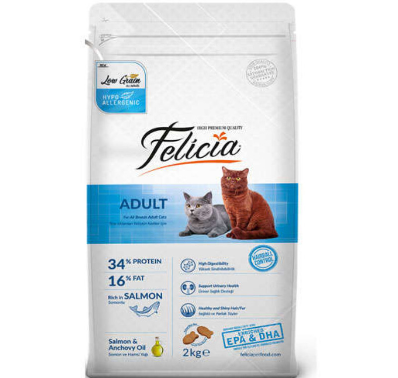 Felicia Düşük Tahıllı Somonlu Yetişkin Kedi Maması 2 Kg -